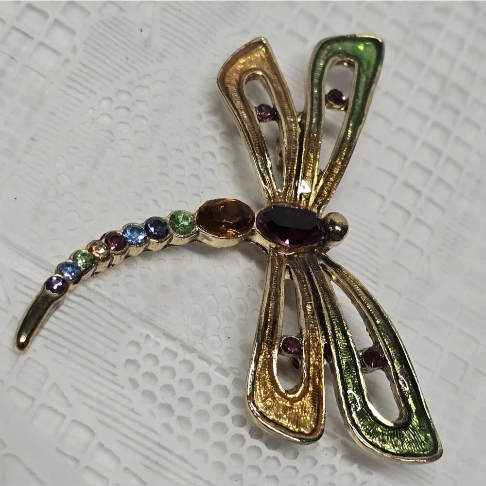 Monet Signed Dragonfly Multicolor Rhinestones Brooch Vintage Boho Summer Spring